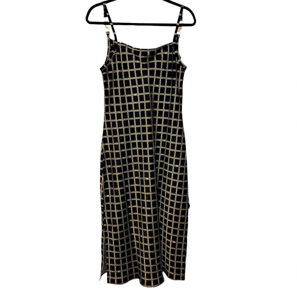 Michael Kors Sleek & Simple Midi Chainlink Gold Black Slip Dress Size: Medium